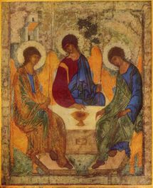 The Hospitality of Abraham by Andrei Rublev: The three angels represent the three persons of God