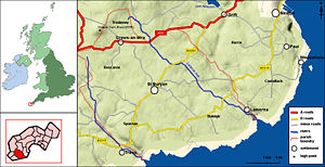 Topographical map of St. Buryan parish showing location within the UK (left, top) and within Penwith district (inset, bottom)