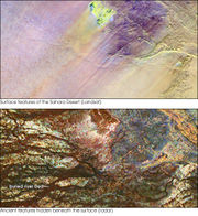 The top image shows the Safsaf Oasis on the surface of the Sahara. The bottom (using radar) is the rock layer underneath, revealing black channels cut by the meandering of an ancient river that once fed the oasis.