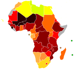    Map of Africa indicating Human Development Index (2004).             above 0.950      0.900-0.949      0.850-0.899      0.800-0.849      0.750-0.799        0.700-0.749      0.650-0.699      0.600-0.649      0.550-0.599      0.500-0.549        0.450-0.499      0.400-0.449      0.350-0.399      0.300-0.349      under 0.300      n/a   