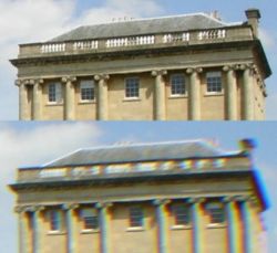 On top is corner detail in a photograph taken with a higher quality lens; bottom is a similar photograph taken with a wide angle lens showing visible chromatic aberration (especially at the dark edges on the right).