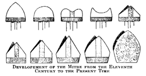 Church authority is often represented by ceremonial headgear, such as a mitre