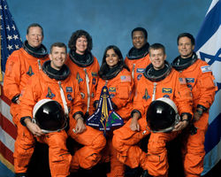 The crew of STS-107. L to R: Brown, Husband, Clark, Chawla, Anderson, McCool, Ramon.
