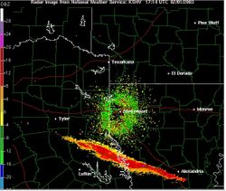 Columbia debris (in red, orange, and yellow) detected by National Weather Service radar over Texas and Louisiana.
