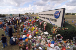A makeshift memorial at the main entrance to the Johnson Space Center in Houston, Texas