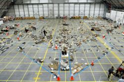 Grid on the floor of the Reusable Launch Vehicle Hangar where workers in the field bring in pieces of Columbia's debris. The Columbia Reconstruction Project Team attempted to reconstruct the bottom of the orbiter as part of the investigation into the accident.