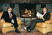 Gorbachev in one-on-one discussions with U.S. President Ronald Reagan.