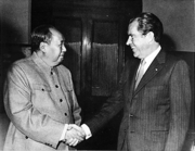 Mao greets United States President Richard Nixon during his visit to China in 1972.