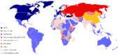 This map shows the two essential global spheres during the Cold War in 1980 - the US in blue and the USSR in red. Consult the legend on the map for more details.