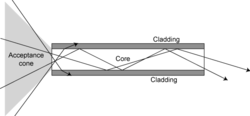 The propagation of light through a multi-mode optical fiber.
