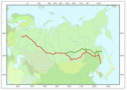 Trans-Siberian line in red; Baikal Amur Mainline in green