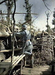 French observer with Adrian helmet in trench, Hirtzbach Woods, Haut-Rhin, France, 1917