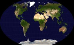 A Winkel Tripel projection, argued by Goldberg & Gott as the best overall whole-earth map projection known, and the standard projection for world maps made by the National Geographic Society.