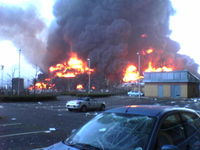 The fire seen from a vantage point between the Northgate and 3Com buildings.