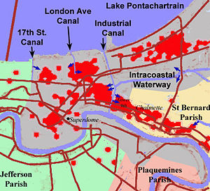 Sketch of New Orleans (shaded grey), indicating the locations of the principal breaches in the levees/floodwalls (dark blue arrows). Red dots show locations of deaths.