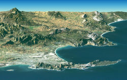 A NASA satellite image of Cape Town and its environment taken by a Landsat satellite in February 2000
