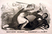 John L. Magee of Philadelphia created Southern Chivalry—Argument Versus Clubs, a lithograph that shows Northern outrage over Preston Brooks's attack on Sumner.