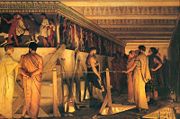 Phidias Showing the Frieze of the Parthenon to his Friends Pericles, Aspasia, Alcibiades and friends viewing Phidias' work. Alma-Tadema, 1868, Birmingham Museum & Art Gallery