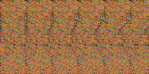 A random dot autostereogram encodes a 3D scene which can be "seen" with proper viewing technique. Click on thumbnail to see full-size image.