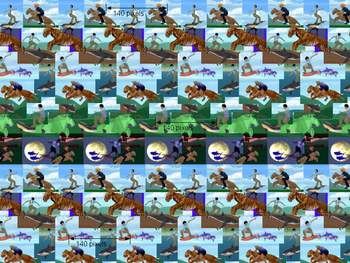 This is an example of a wallpaper with repeated horizontal patterns.  Each pattern is repeated exactly every 140 pixels.  The illusion of the pictures lying on a flat surface (a plane) further back is created by the brain.  Non-repeating patterns such as arrows and words, on the other hand, appear on the plane where this text lies.