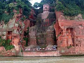 The Leshan Giant Buddha of Sichuan province, China; construction began in 713, completed in 803.