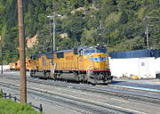 Two SD70M diesel locomotives of the Union Pacific refuelling at Dunsmuir, California