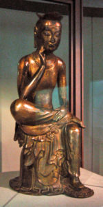 Bangasayusang, semi-seated contemplative Maitreya probably from Silla circa early 7th century.
