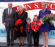 The 1992 christening of USS John S. McCain at Bath Iron Works, with his mother Roberta, son Jack, daughter Meghan, and wife Cindy