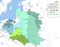 Partitions of Poland, 1795. The colored territories show the extent of the Polish-Lithuanian Commonwealth, just before the first partition. Blue (north-west) were taken by Kingdom of Prussia, green (south) by Austria-Hungary, and cyan (east) by Imperial Russia.