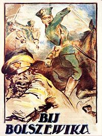 Polish propaganda poster showing Polish cavalry and a Bolshevik soldier with a starred cap. Text reads: "Beat the Bolshevik"