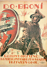 Polish propaganda poster. Text reads: "To Arms! Save the Fatherland! Remember well our future fate."