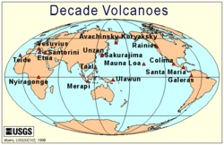A map showing locations of the 16 Decade Volcanoes