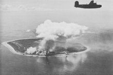 Nauru Island under attack by B-24 Liberator bombers of the US Seventh Air Force.