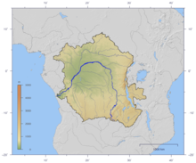 Course and Watershed of the Congo River with topography shading.