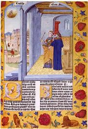 This early printed book has many hand-painted illustrations depicting Lady Philosophy and scenes of daily life in fifteenth-century Ghent (1485)