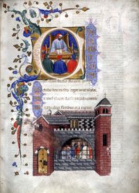 From a 1385 Italian manuscript of the Consolation: Miniatures of Boethius teaching and in prison