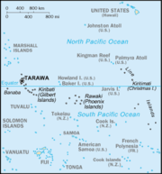 Map of the central Pacific Ocean showing Baker Island and nearby Howland Island just north of the Equator and east of Tarawa Atoll.