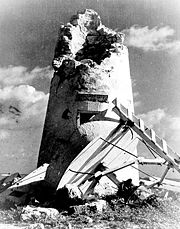 Earhart Light, pictured here showing damage it sustained during WWII, was named for Amelia Earhart during the late 1930s.