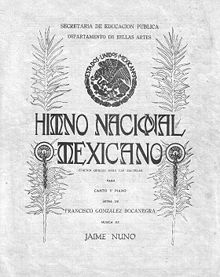Front page of the sheet music to the National Anthem of Mexico.