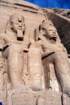 Four colossal statues of Ramesses II flank the entrance of his temple Abu Simbel.
