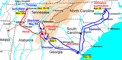 Map of Sherman's campaigns in Georgia and the Carolinas, 1864–1865