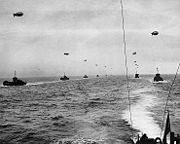 Large landing craft convoy crosses the English Channel on June 6, 1944.