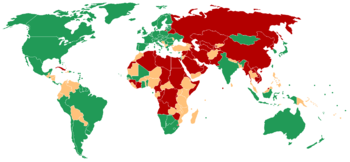 This map reflects the findings of Freedom House's survey Freedom in the World 2008. Freedom House considers the green nations to be liberal democracies. Some of these estimates are disputed. ██ Free            ██ Partly Free       ██ Not Free