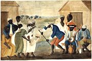 In the late 18th-century painting The Old Plantation, African-Americans dance to banjo and percussion.
