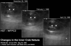 This sequence of Hubble Space Telescope images shows features in the inner Crab Nebula changing over a period of four months. Credit: NASA/ESA.