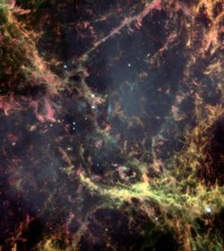 Hubble Space Telescope image of a small region of the Crab Nebula, showing  Rayleigh–Taylor instabilities in its intricate filamentary structure. Credit: NASA/ESA.