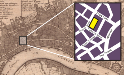 Location of the Theatre Royal on a map of London from 1700; the inset shows the streets as they are in 2006.