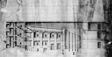 A longitudinal section through a playhouse drawn by Christopher Wren, believed to be Wren's plan for the second Theatre Royal on Drury Lane. 1: Proscenium arch. 2: Four pairs of shutters across the stage. 3: Pit. 4: Galleries. 5: Boxes.