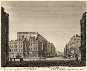 The theatre pictured as it was in 1809 (from an 1811 engraving). The view is from the north-east, looking down Russell Street at its intersection with Drury Lane. This shows the rear of the theatre with its dressing rooms and stage door.