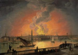 After standing only 15 years, the third Drury Lane theatre building burned down on 24 February 1809. This painting from the period, artist unknown, shows the view of the fire from the Westminster Bridge.